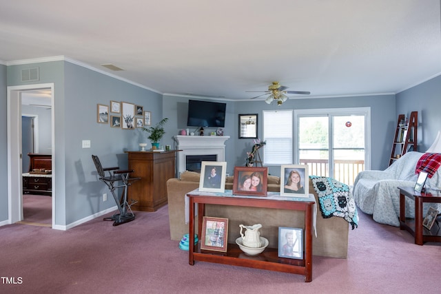 764 Olivers Grove Rd, Four Oaks, NC 27524 - carpeted living room featuring a ceiling fan, ornamental molding, and a fireplace