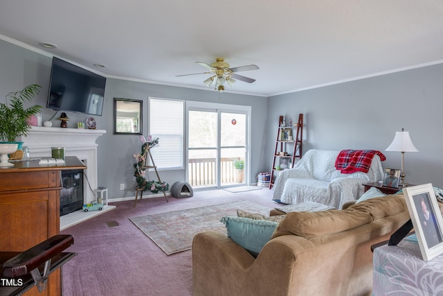 764 Olivers Grove Rd, Four Oaks, NC 27524 - carpeted living area with ceiling fan, ornamental molding, and a glass covered fireplace