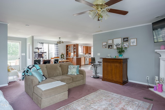 764 Olivers Grove Rd, Four Oaks, NC 27524 - carpeted living area with ornamental molding and ceiling fan