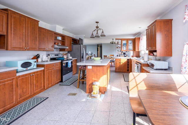 764 Olivers Grove Rd, Four Oaks, NC 27524 - kitchen featuring stainless steel appliances, open shelves, a chandelier, under cabinet range hood, and light countertops