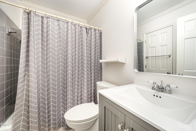 3913 Littlefield Ct, Raleigh, NC 27606 - bathroom with vanity, ornamental molding, and curtained shower