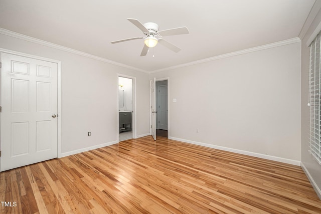 3913 Littlefield Ct, Raleigh, NC 27606 - unfurnished bedroom featuring crown molding, light wood-style floors, ensuite bathroom, and a ceiling fan