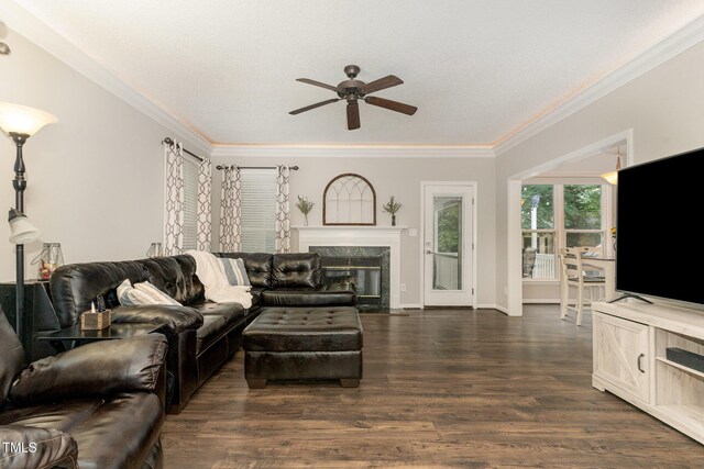1001 Kingsway Dr, Apex, NC 27502 - living room featuring a ceiling fan, wood finished floors, ornamental molding, and a fireplace