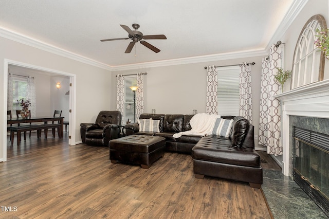 1001 Kingsway Dr, Apex, NC 27502 - living room with ceiling fan, wood finished floors, crown molding, and a fireplace