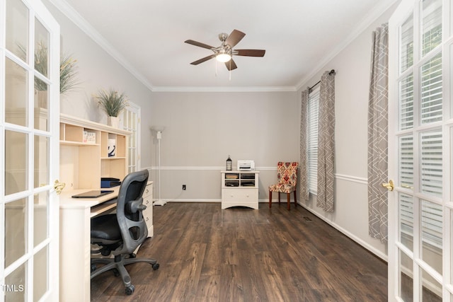 1001 Kingsway Dr, Apex, NC 27502 - home office featuring dark wood-type flooring, ornamental molding, healthy amount of natural light, a ceiling fan, and french doors
