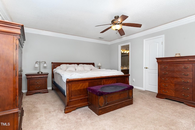 1001 Kingsway Dr, Apex, NC 27502 - bedroom with ornamental molding, light carpet, ensuite bath, and a ceiling fan