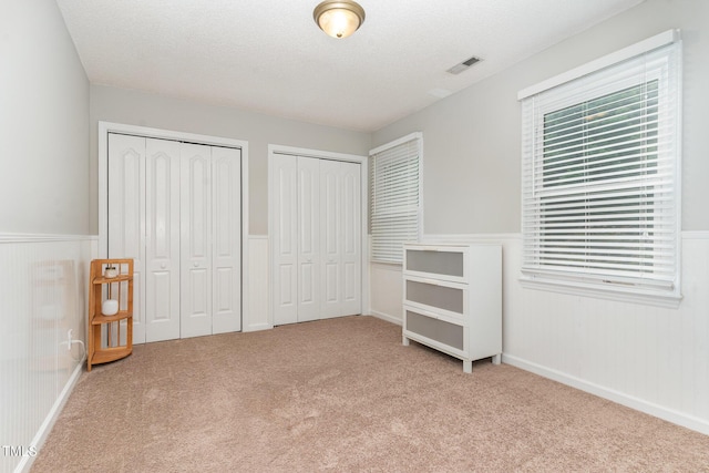 1001 Kingsway Dr, Apex, NC 27502 - unfurnished bedroom featuring multiple closets, carpet floors, wainscoting, and a textured ceiling