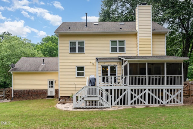 1001 Kingsway Dr, Apex, NC 27502 - rear view of house featuring a chimney, a sunroom, stairs, and a shingled roof