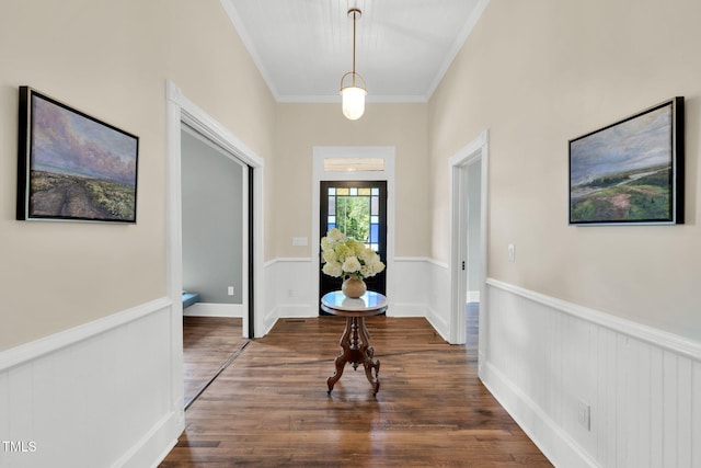 210 E Trinity Ave, Durham, NC 27701 - foyer entrance featuring ornamental molding, dark wood finished floors, and wainscoting