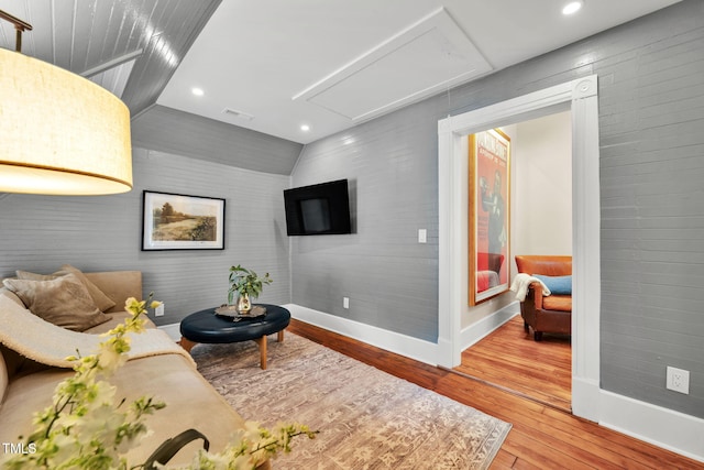 210 E Trinity Ave, Durham, NC 27701 - living area featuring attic access, wood-type flooring, and recessed lighting