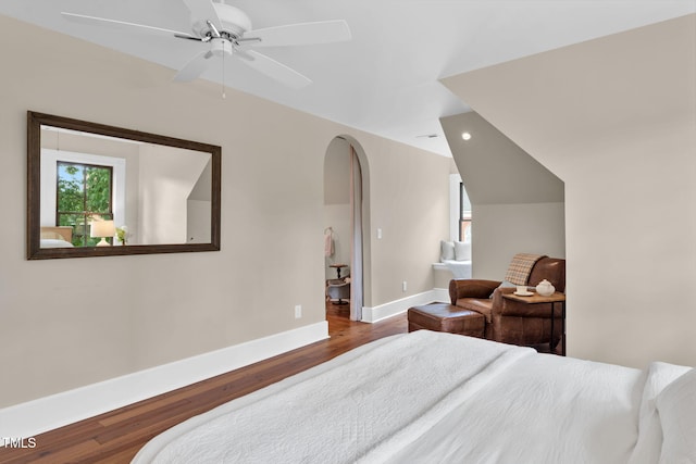 210 E Trinity Ave, Durham, NC 27701 - bedroom with wood finished floors, arched walkways, recessed lighting, and a ceiling fan