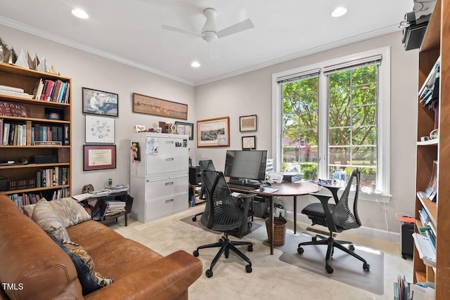 104 Cedar Ridge Way, Durham, NC 27705 - office area with ornamental molding, recessed lighting, a ceiling fan, and carpet