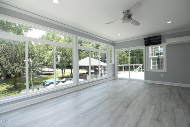 4217 Grahamstone Rd, Raleigh, NC 27610 - unfurnished sunroom featuring ornamental molding, an AC wall unit, wood finished floors, and recessed lighting