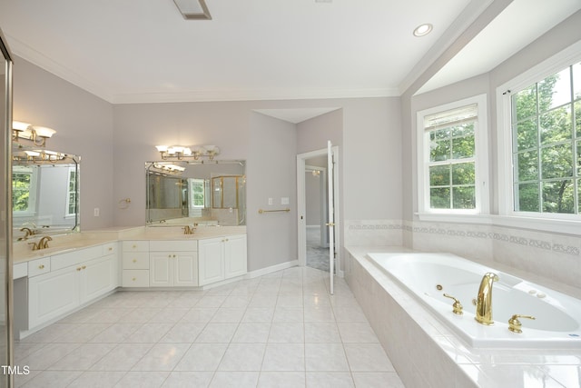 4217 Grahamstone Rd, Raleigh, NC 27610 - bathroom with a whirlpool tub, double vanity, ornamental molding, tile patterned flooring, and a chandelier