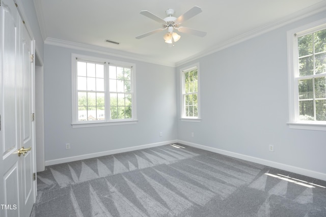 4217 Grahamstone Rd, Raleigh, NC 27610 - unfurnished bedroom with carpet, multiple windows, ornamental molding, and a ceiling fan