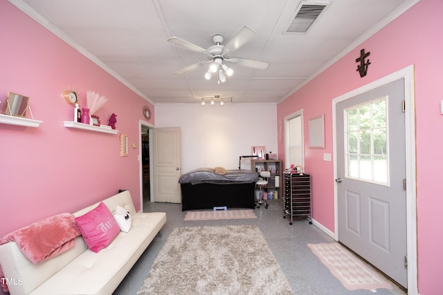 4217 Grahamstone Rd, Raleigh, NC 27610 - bedroom with crown molding and a ceiling fan