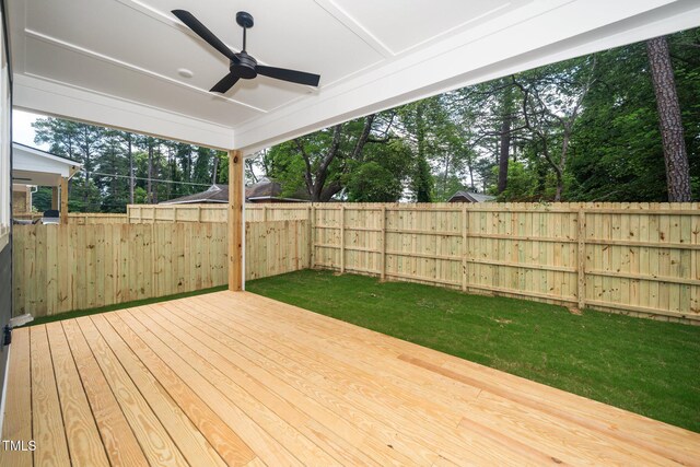 905 Deboy St, Raleigh, NC 27606 - wooden deck with a ceiling fan, a fenced backyard, and view of wooded area