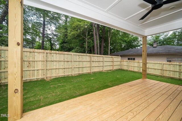 905 Deboy St, Raleigh, NC 27606 - deck featuring a fenced backyard, ceiling fan, and view of scattered trees