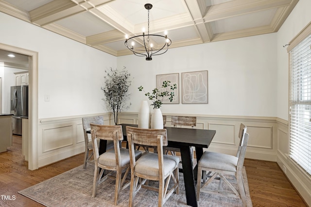 1217 Chalk Maple Dr, Cary, NC 27519 - dining area with coffered ceiling, beamed ceiling, a chandelier, light wood-style floors, and a wainscoted wall
