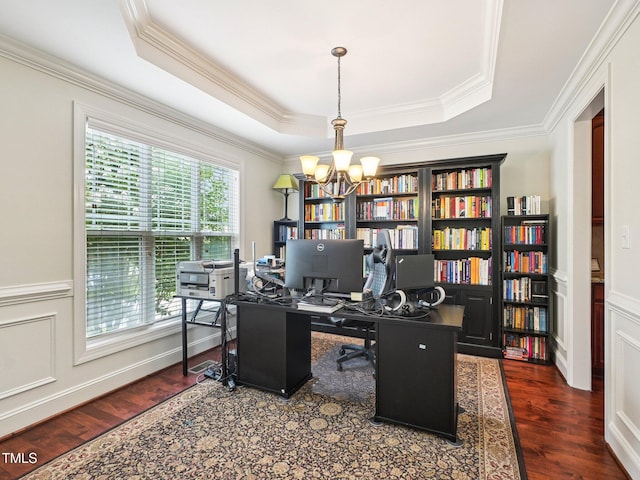 214 Ashdown Forest Ln, Cary, NC 27519 - home office with a chandelier, ornamental molding, wood finished floors, wainscoting, and a raised ceiling