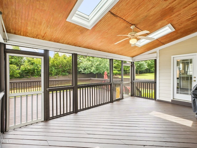 214 Ashdown Forest Ln, Cary, NC 27519 - unfurnished sunroom featuring a skylight, lofted ceiling, and ceiling fan