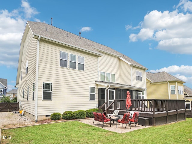 214 Ashdown Forest Ln, Cary, NC 27519 - rear view of house featuring a patio area, a sunroom, a deck, a yard, and crawl space