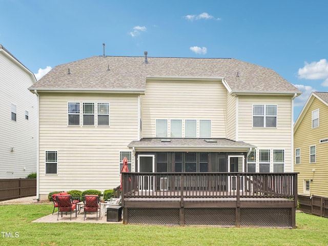 214 Ashdown Forest Ln, Cary, NC 27519 - rear view of property with a patio area, a sunroom, a fenced backyard, a deck, and a shingled roof