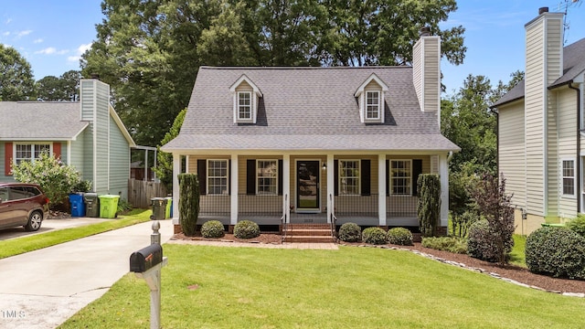 1033 Mills St, Raleigh, NC 27608 - cape cod-style house featuring a porch, a front lawn, roof with shingles, and concrete driveway
