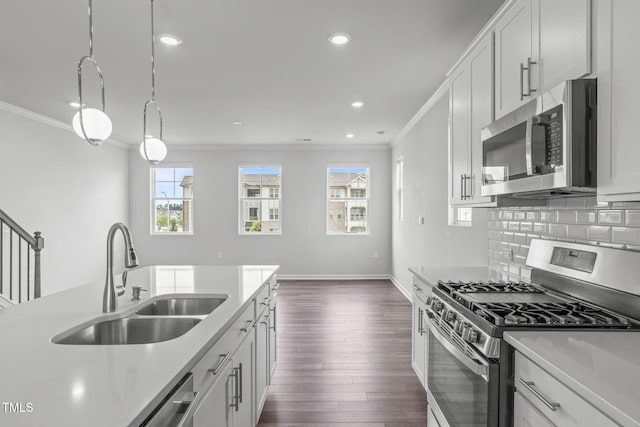 2539 Kasota Ln, Raleigh, NC 27610 - kitchen with stainless steel appliances, ornamental molding, light countertops, dark wood-type flooring, and decorative backsplash