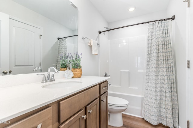 124 Airlie Place Ln, Willow Springs, NC 27592 - full bathroom featuring vanity, shower / tub combo with curtain, wood finished floors, and recessed lighting