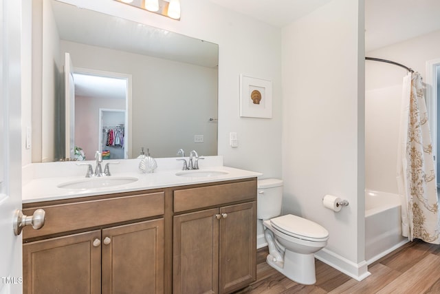 124 Airlie Place Ln, Willow Springs, NC 27592 - full bathroom featuring wood finished floors, double vanity, and shower / bathtub combination with curtain