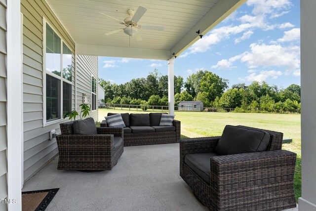 124 Airlie Place Ln, Willow Springs, NC 27592 - view of patio with a ceiling fan, an outdoor living space, and view of scattered trees