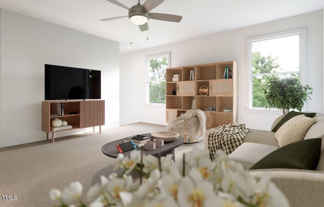 1216 Hardin Hill Ln, Knightdale, NC 27545 - living room featuring a ceiling fan and carpet