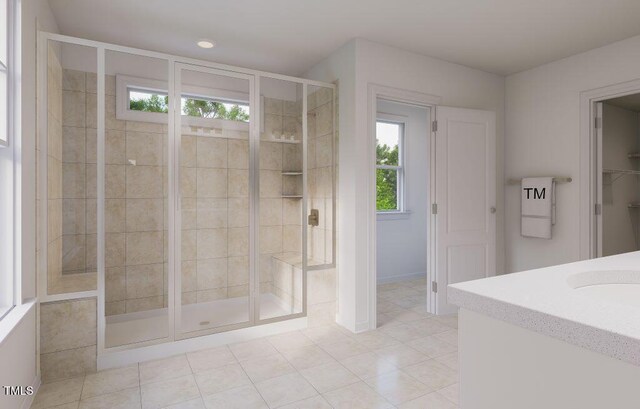 1216 Hardin Hill Ln, Knightdale, NC 27545 - full bath with a stall shower, healthy amount of natural light, vanity, and tile patterned flooring