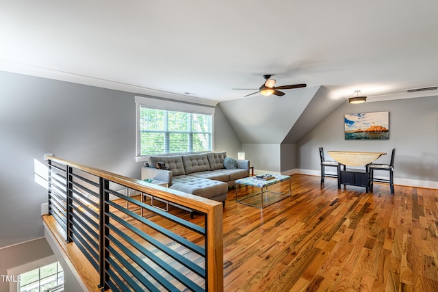 405 Culvert St, Apex, NC 27502 - living area featuring a ceiling fan, wood finished floors, and vaulted ceiling