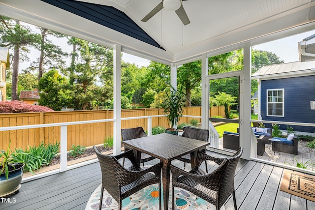 405 Culvert St, Apex, NC 27502 - sunroom featuring ceiling fan, vaulted ceiling, and outdoor dining area