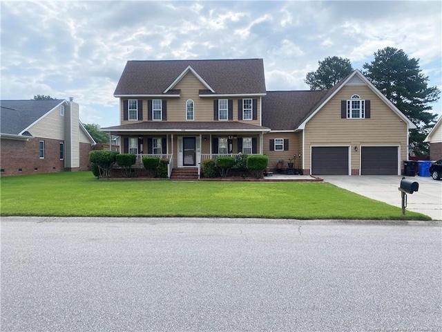 1131 Curry Ford Rd, Fayetteville, NC 28314 - colonial-style house featuring driveway, covered porch, a front yard, an attached garage, and a shingled roof