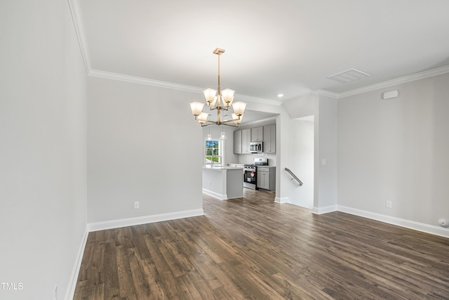 549 Forestville Rd, Wake Forest, NC 27587 - unfurnished living room with a chandelier, crown molding, and dark wood-style floors