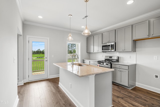 549 Forestville Rd, Wake Forest, NC 27587 - kitchen with stainless steel appliances, gray cabinetry, ornamental molding, an island with sink, and dark wood-type flooring