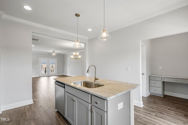 549 Forestville Rd, Wake Forest, NC 27587 - kitchen with gray cabinets, ornamental molding, dark wood-style flooring, dishwasher, and open floor plan