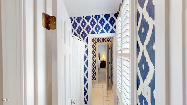 604 Hillcrest Pl, Goldsboro, NC 27534 - hallway featuring wallpapered walls, crown molding, and light tile patterned floors