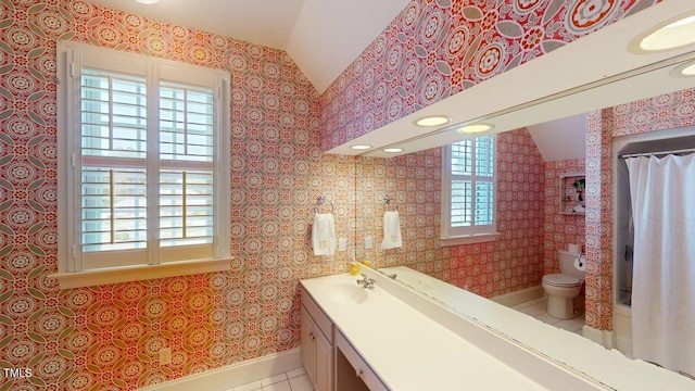 604 Hillcrest Pl, Goldsboro, NC 27534 - bathroom featuring vaulted ceiling, vanity, tile patterned floors, and curtained shower