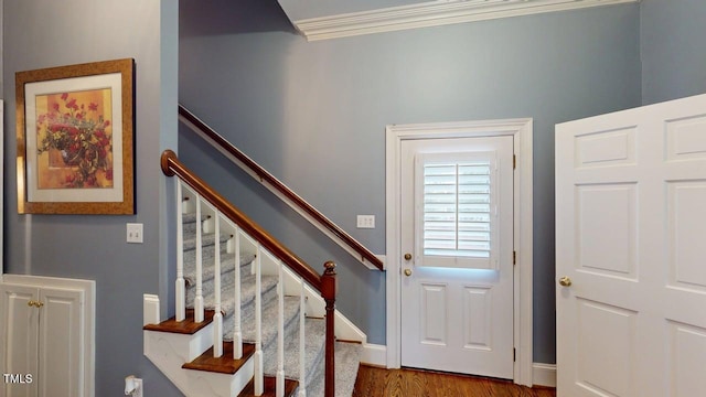 604 Hillcrest Pl, Goldsboro, NC 27534 - foyer with crown molding, wood finished floors, and stairs