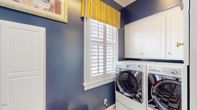604 Hillcrest Pl, Goldsboro, NC 27534 - laundry area with washing machine and clothes dryer, cabinet space, and ornamental molding