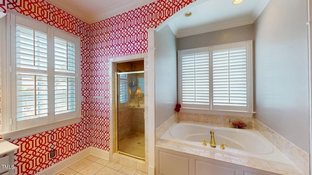 604 Hillcrest Pl, Goldsboro, NC 27534 - bathroom featuring crown molding, a shower stall, a garden tub, and tile patterned floors