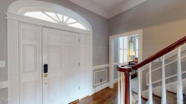 604 Hillcrest Pl, Goldsboro, NC 27534 - entryway with dark wood-style floors, healthy amount of natural light, stairs, and crown molding