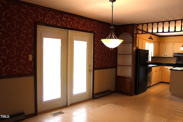2071 Meadow Ln, Graham, NC 27253 - kitchen with wallpapered walls, appliances with stainless steel finishes, a baseboard radiator, a baseboard heating unit, and ventilation hood