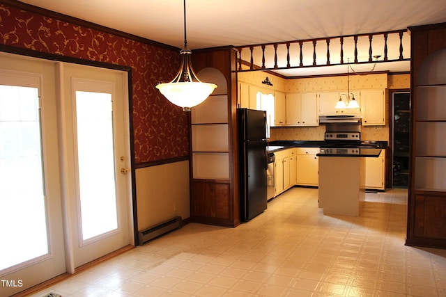2071 Meadow Ln, Graham, NC 27253 - kitchen featuring baseboard heating, freestanding refrigerator, wallpapered walls, dishwasher, and a center island