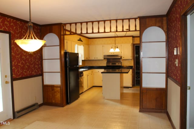 2071 Meadow Ln, Graham, NC 27253 - kitchen featuring wallpapered walls, baseboard heating, stainless steel appliances, light floors, and under cabinet range hood