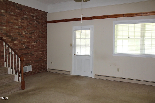 2071 Meadow Ln, Graham, NC 27253 - foyer featuring a baseboard heating unit, carpet floors, a baseboard radiator, stairway, and a ceiling fan